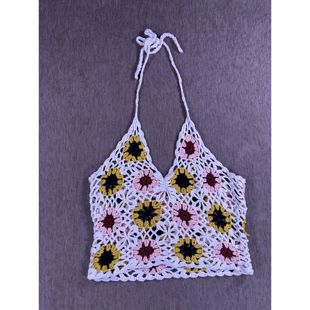 Handmade Crochet Floral Granny Square Halter Crop Top White Boho Festival Summer
